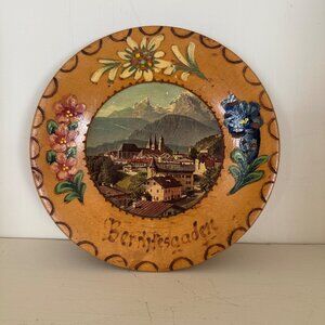 Vintage Hand-Painted Wooden Wall Plate Berchtesgaden With Floral Detail & Bavari